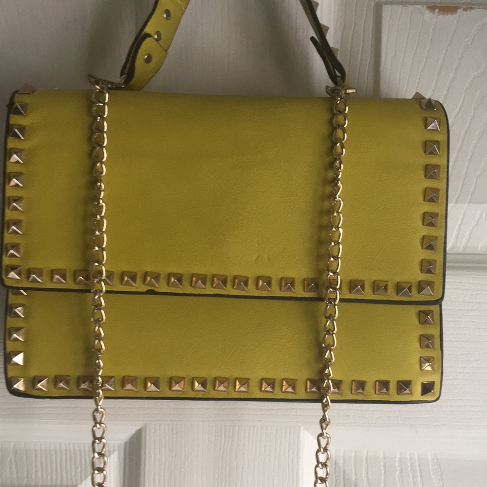 Studded Yellow leather Handbag removable chain